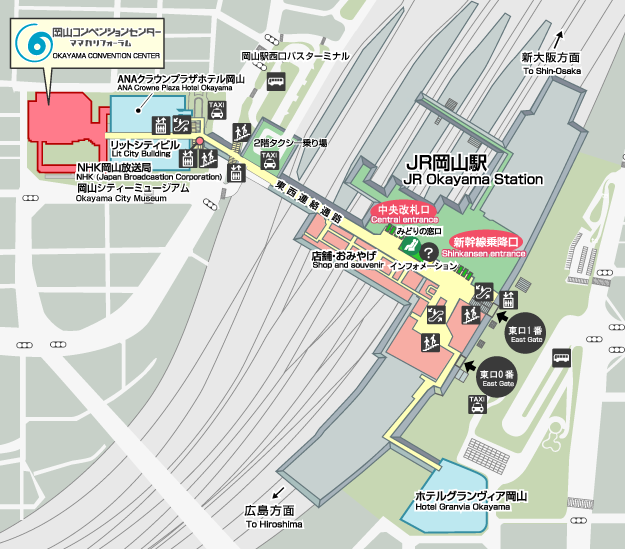 JR岡山駅東口周辺からのアクセス地図