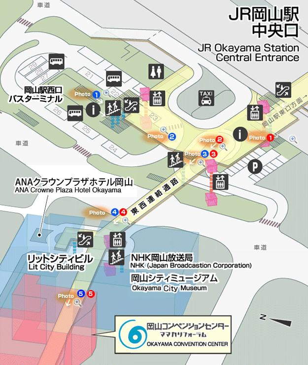 JR岡山駅中央口周辺からのアクセス地図
