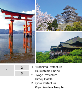 1.Hiroshima Prefecture　Itsukushima Shrine 2.Hyogo Prefecture 　Himeji Castle 3.Kyoto Prefecture　Kiyomizudera Temple