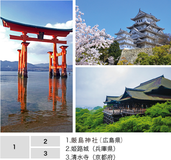 1.厳島神社(広島県)2.姫路城(兵庫県)3.清水寺(京都府)