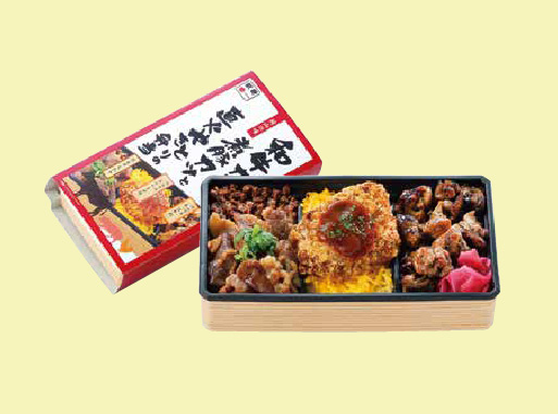 和牛カルビ、煮豚カツと直火やきとりの弁当